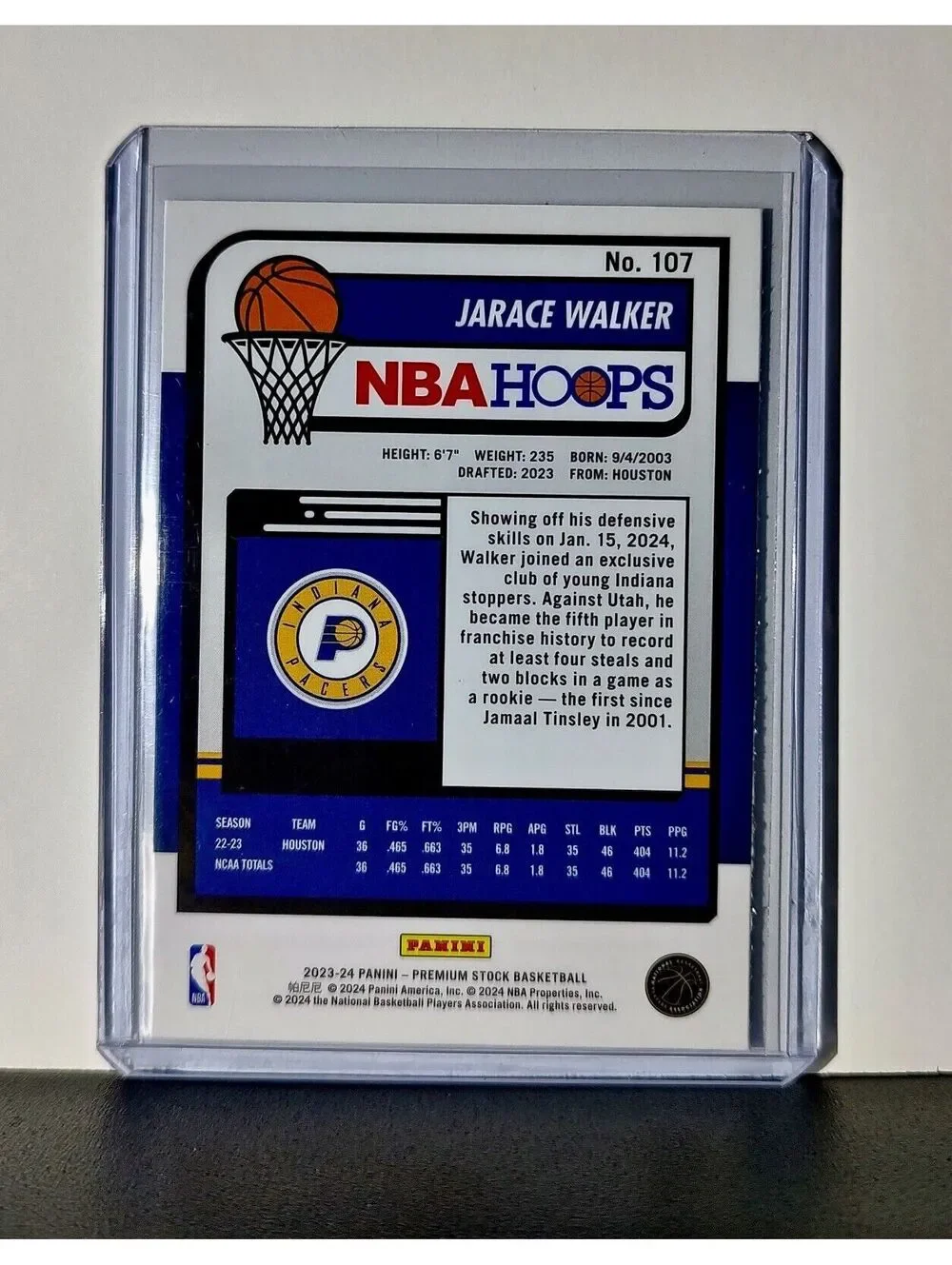 Jarace Walker 2023-24 Panini Premium Stock NBA Hoops #107 Rookie Card Pacers